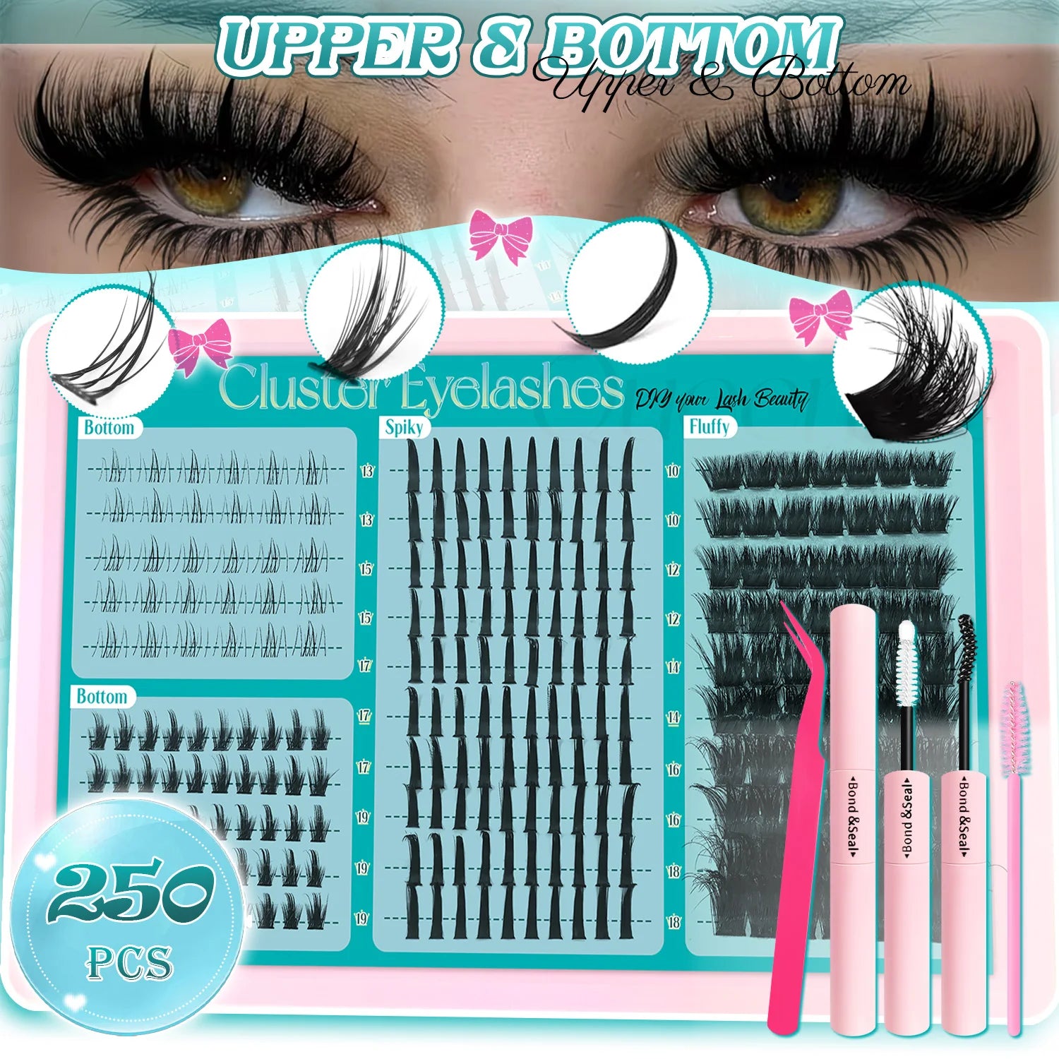 Eyelash Extension Kit Spiky Lashes Extension Thick Individual Cluster Lashes with Spikes&Bottom Lashes Bond And Seal Makeup