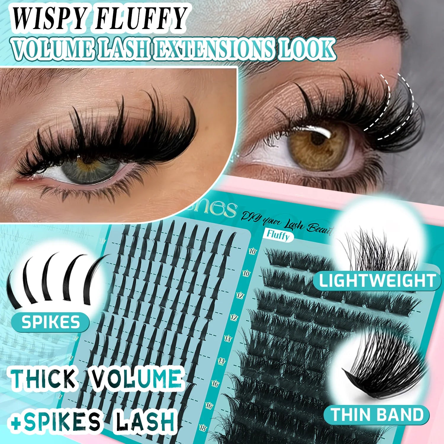 Eyelash Extension Kit Spiky Lashes Extension Thick Individual Cluster Lashes with Spikes&Bottom Lashes Bond And Seal Makeup