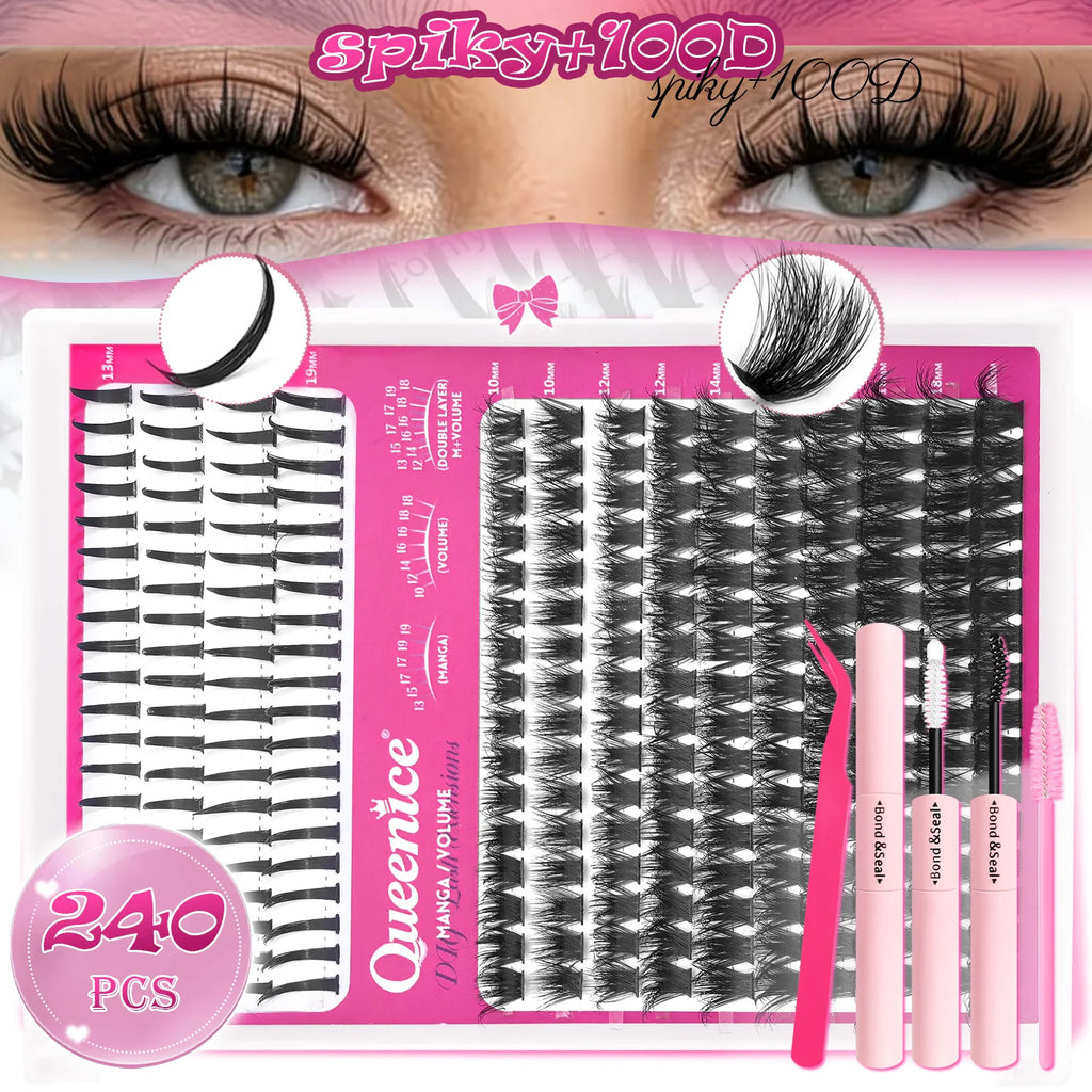 Eyelash Extension Kit Spiky Lashes Extension Thick Individual Cluster Lashes with Spikes&Bottom Lashes Bond And Seal Makeup