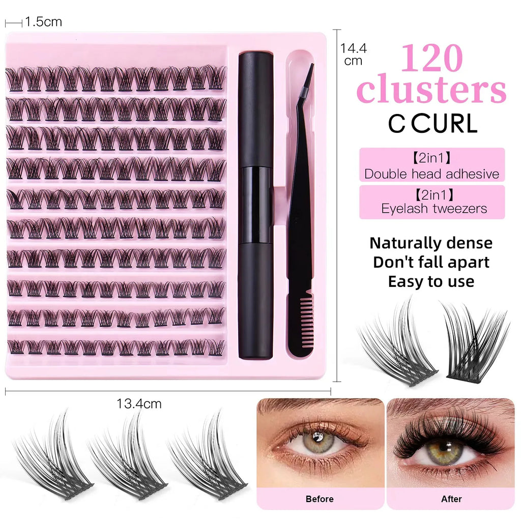 120 Clusters C Curling False Eyelashes 2-in-1 Set Natural Dense Cluster Lashes Extensions Reusable Beauty Makeup Tools