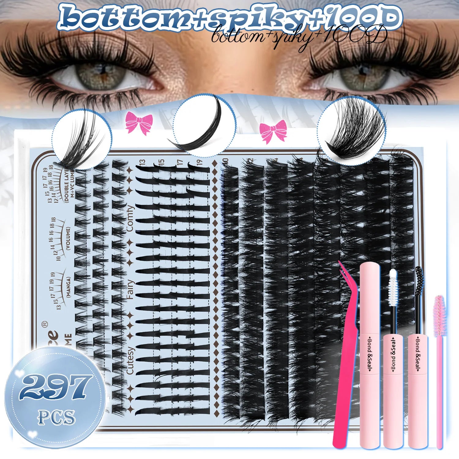 Eyelash Extension Kit Spiky Lashes Extension Thick Individual Cluster Lashes with Spikes&Bottom Lashes Bond And Seal Makeup
