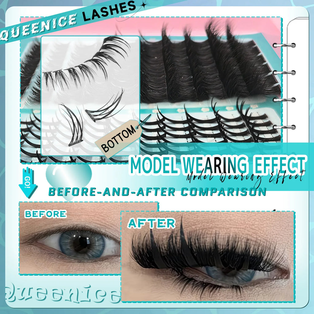 Eyelash Extension Kit Spiky Lashes Extension Thick Individual Cluster Lashes with Spikes&Bottom Lashes Bond And Seal Makeup
